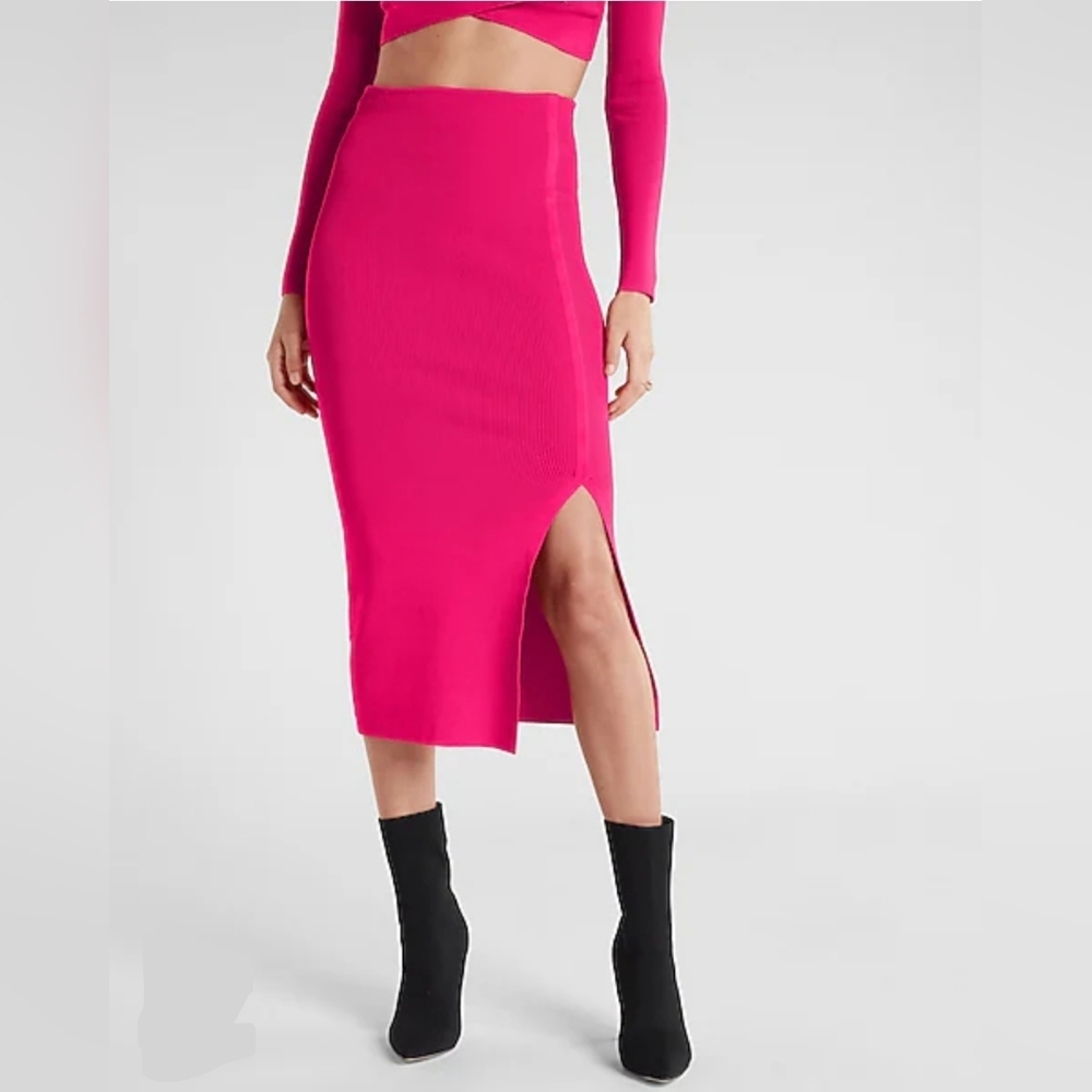 Express Body Contour Side Slit Midi Sweater Pencil Skirt Fuchsia Size Large